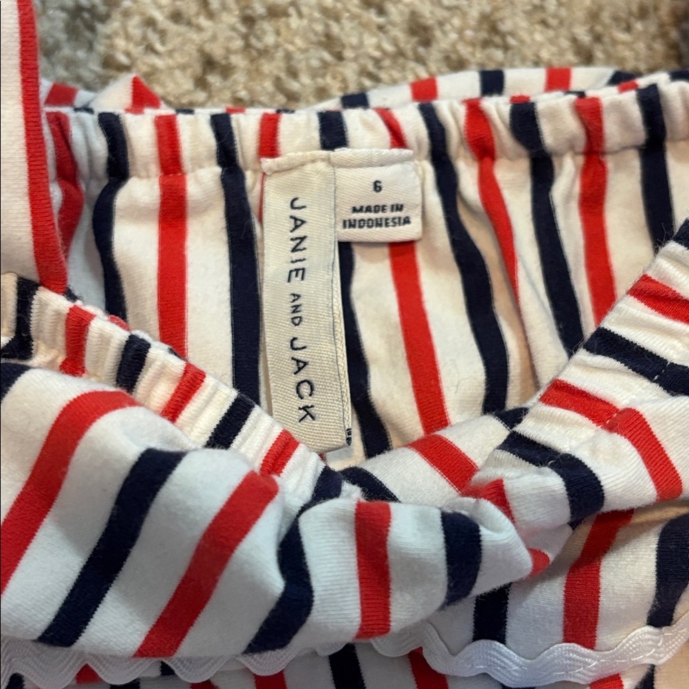 Janie & Jack Striped Off the Shoulder Romper Size 6 | Ruffle | Stripes | Pockets - Picture 3 of 5
